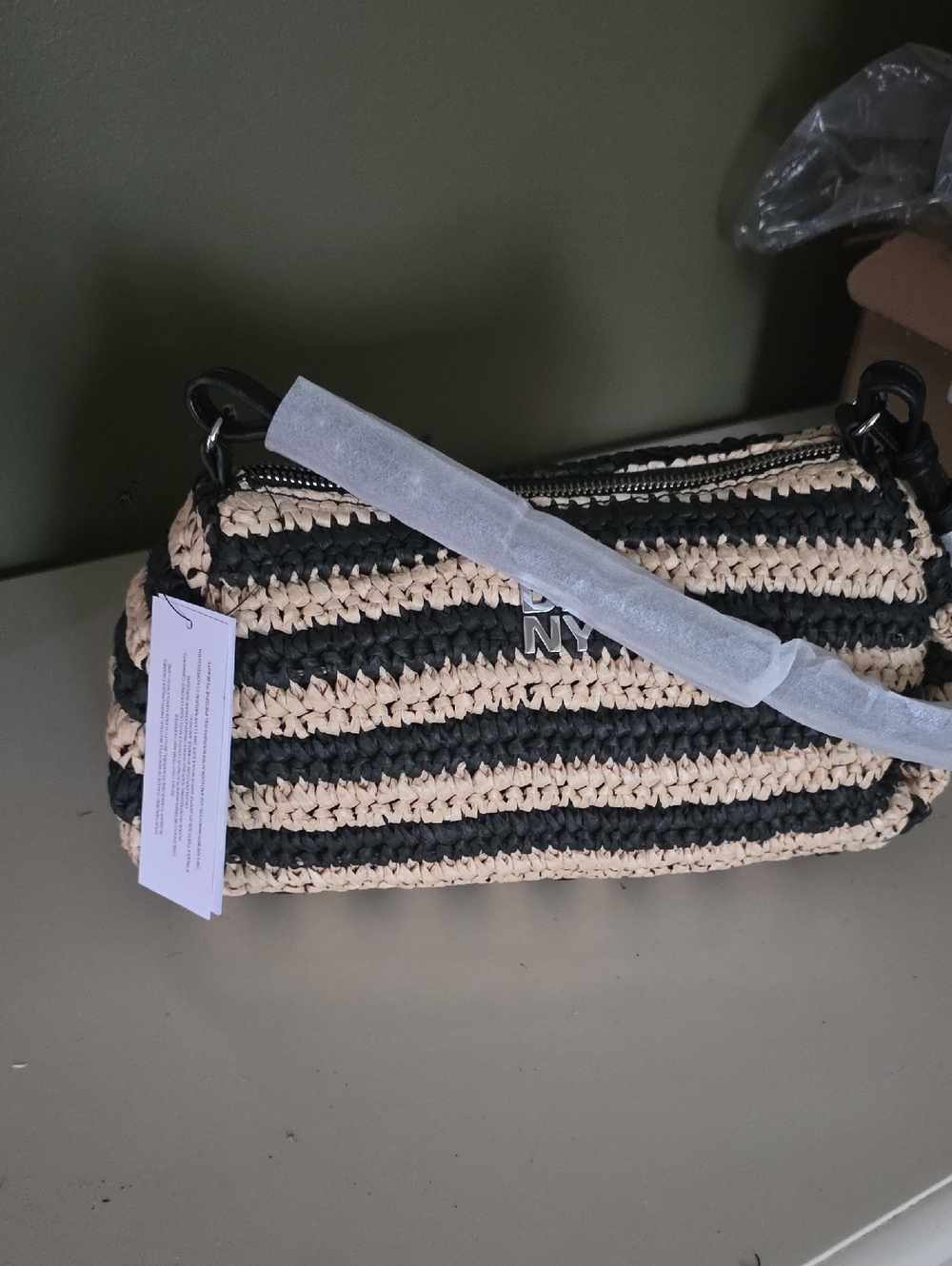 DKNY Black and Beige Woven Stripe Crossbody Bag